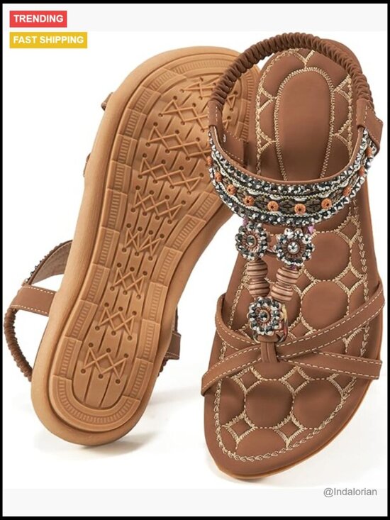 Shoes - Dressy Bohemian Sandals with Elastic Ankle Strap Comfortable Walking Flats